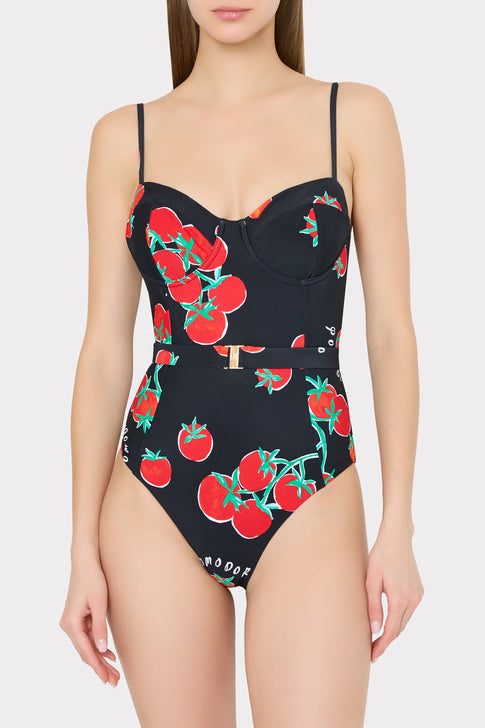 Designer One-Piece Swimsuit with Red Tomato Print - Front View on Model | MILLY