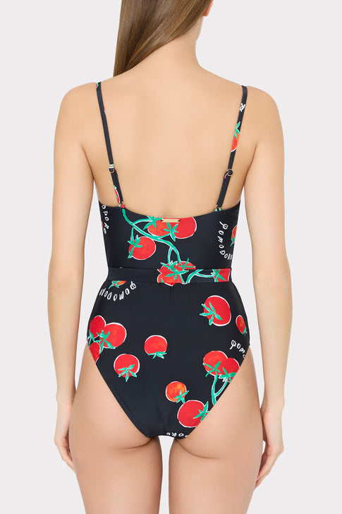 Black Swimsuit with Red Tomato Pattern - Back View on Model | MILLY