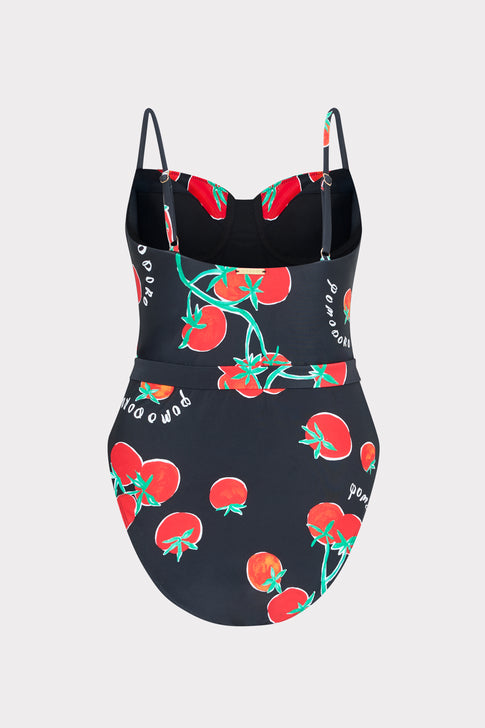 Elegant Black Swimsuit with Red Tomato Print - Flat Lay Detail | MILLY