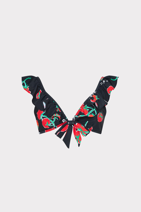 Black Pomodoro Ruffle Bikini Top with Red Tomato Print - Flat Lay | MILLY