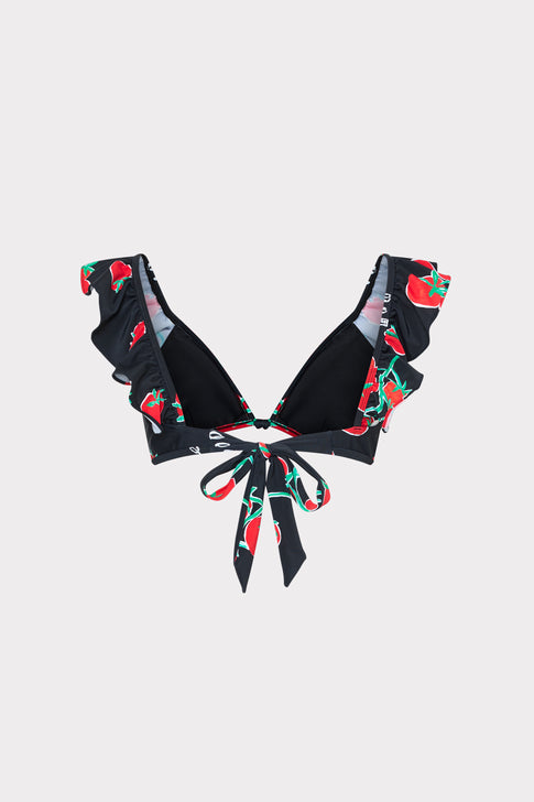 Black Designer Bikini Top with Red Tomato Pattern - Detail View | MILLY