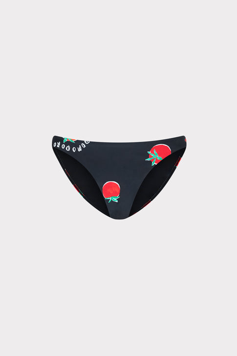 Black designer bikini bottom with red tomato print - Flat Lay | MILLY
