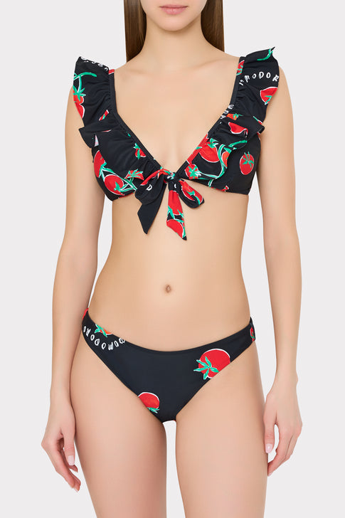 Black bikini with tomato pattern styled with matching top - Front View | MILLY