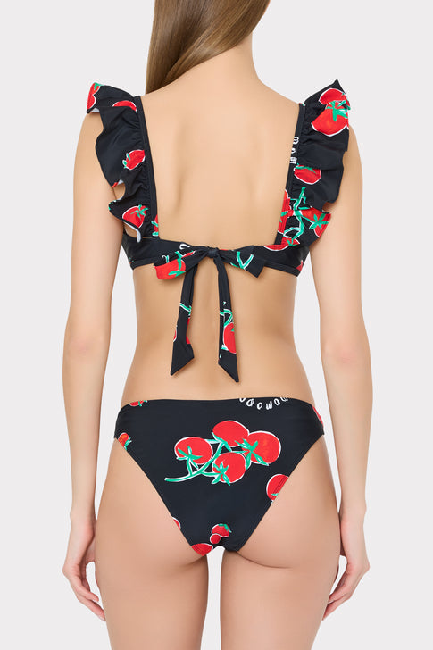 Black bikini with red cherry tomato pattern styled look - Back View | MILLY