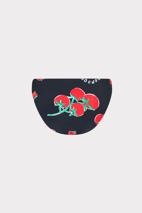 Black elegant bikini bottom with red tomato motif - Detail View | MILLY