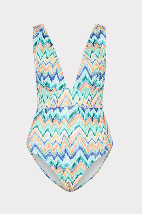 Tropical Multi Chevron V-Neck One Piece Swimsuit - Flat Lay | MILLY