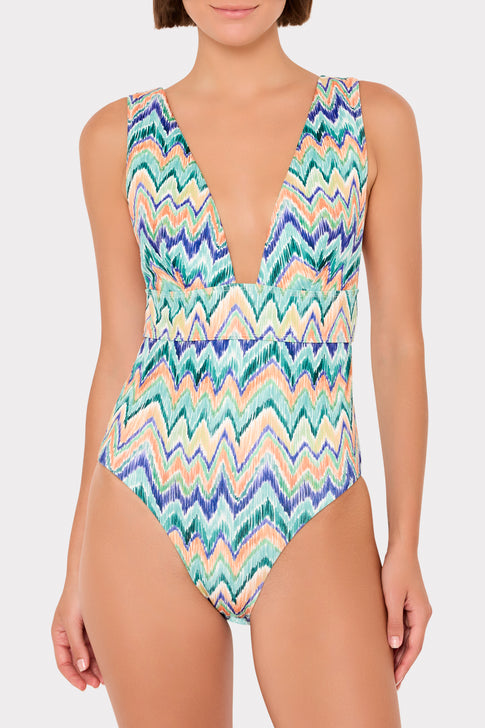Tropical Multi Chevron Designer One Piece - Front View on Model | MILLY