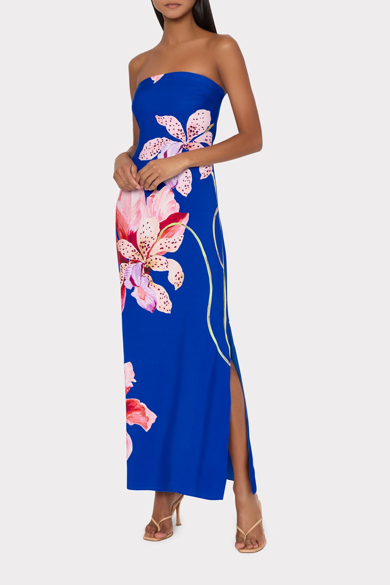 Vera Satin Floral Maxi Dress in Blue Multi