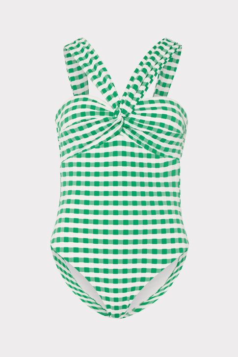 Green White Gingham Jacquard Cottage Bandeau One Piece - Flat Lay | MILLY