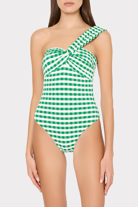 Green White Gingham Elegant Bandeau One Piece - One Shoulder Front View | MILLY