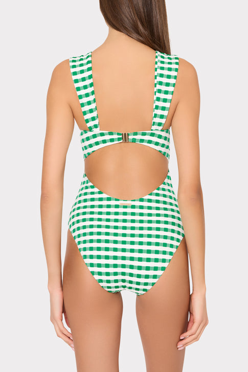 Green White Gingham Designer One Piece - Cutout Back Detail View | MILLY