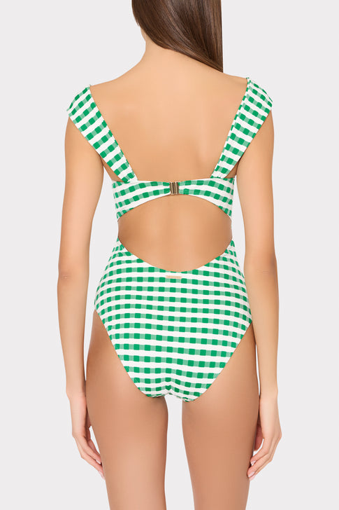 Green White Gingham Cottage Bandeau One Piece - Gold Hardware Back View | MILLY