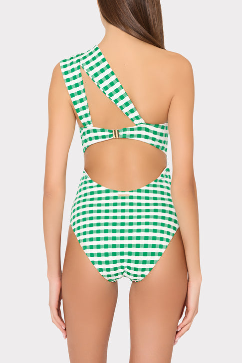 Green White Gingham Elegant Bandeau One Piece - Side Back View | MILLY