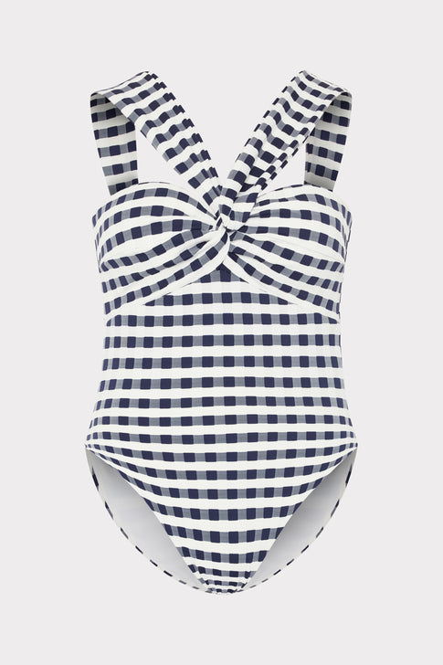 Navy White Jacquard Cottage Bandeau One Piece - Flat Lay | MILLY