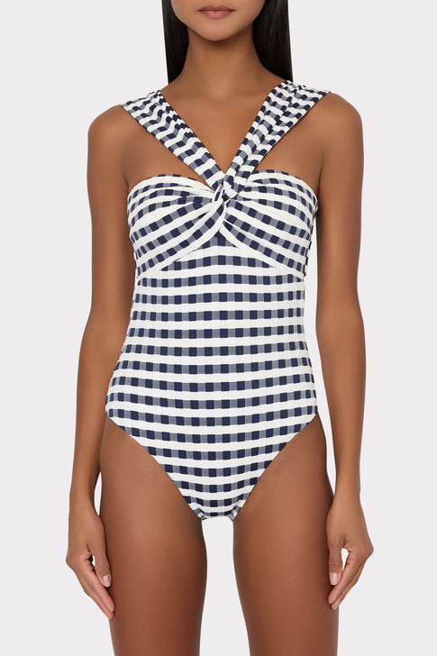 Navy White Jacquard Bandeau Swimsuit - Front View | MILLY