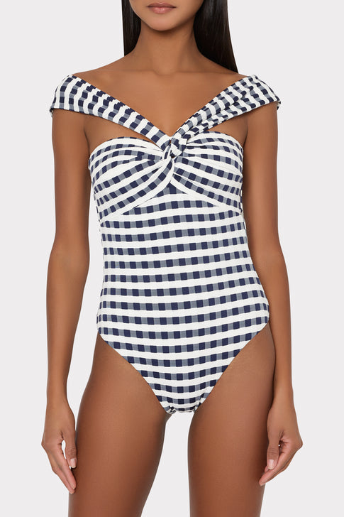 Designer Navy White Gingham One Piece - Off-Shoulder Style | MILLY