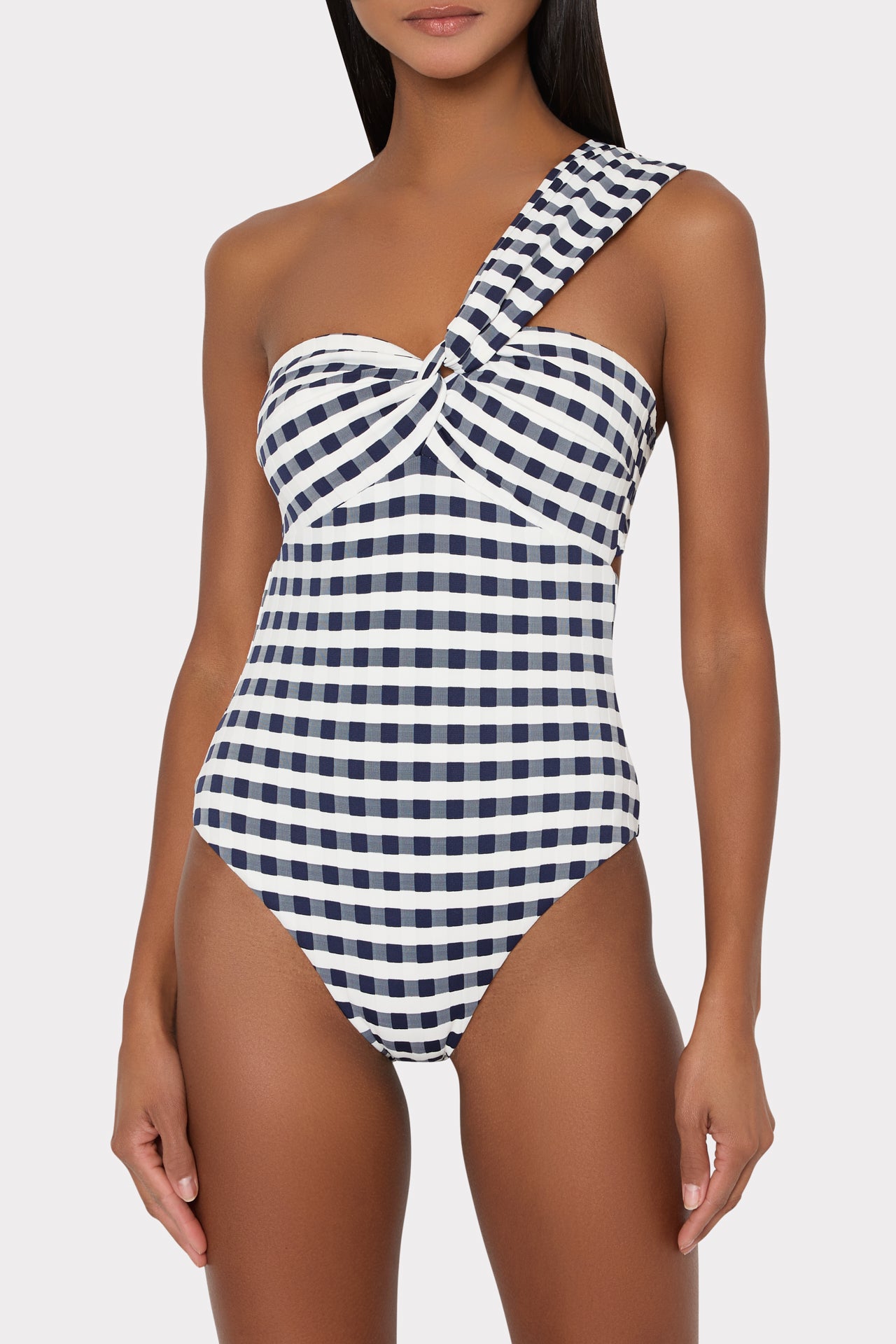 Betsy Jacquard Cottage Bandeau One Piece in Navy/White | MILLY