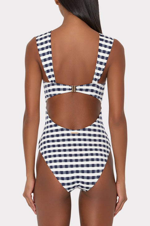 Designer Navy White Cottage One Piece - Back Strap Detail | MILLY