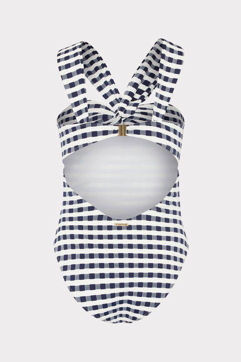 Navy White Jacquard One Piece - Bow Detail Flat Lay | MILLY