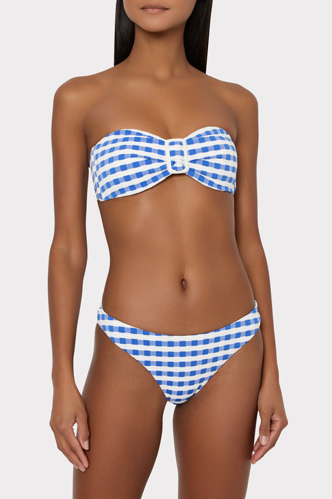 Blue White Gingham Bandeau Bikini Top - Front On Model | MILLY