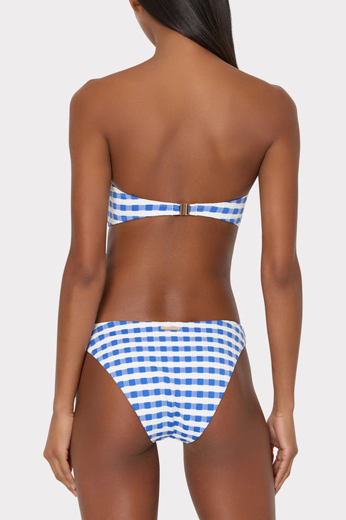 Blue White Gingham Designer Bandeau Bikini Top - Back On Model | MILLY