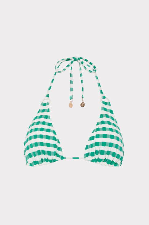 Green and White Gingham Jacquard Triangle Bikini Top with Gold Ring Details - Flat Lay | MILLY