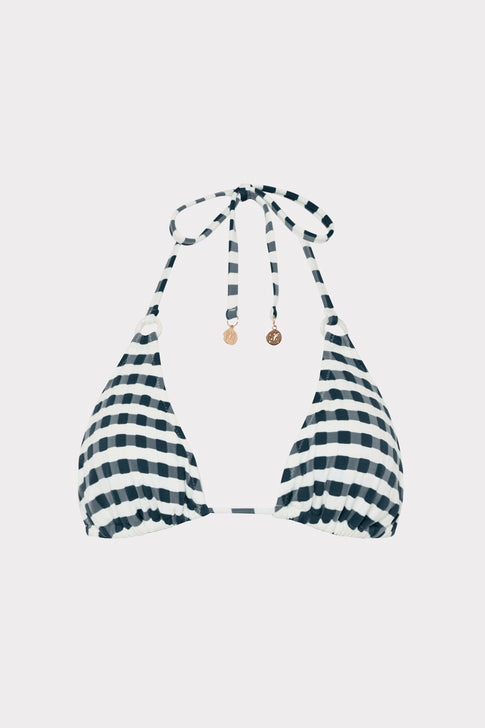 Navy White Gingham Jacquard Triangle Bikini Top - Front View | MILLY