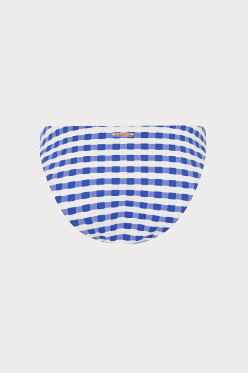 Blue and white checkered designer bikini bottom with gold hardware - close up | MILLY