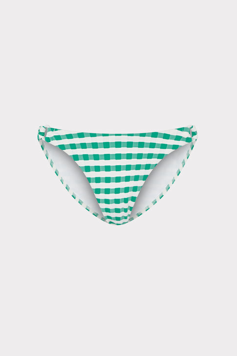 Green White Gingham Designer Jacquard Ring Bikini Bottom - Front View | MILLY