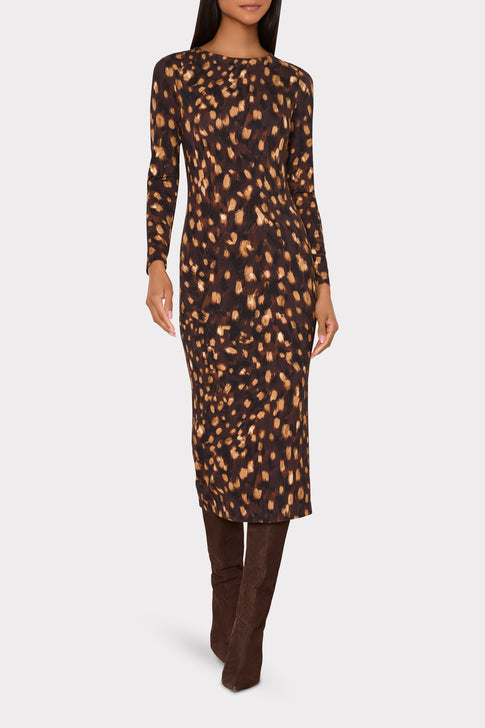 Brown Multi Abbygail Leopard Midi Dress On Model with Brown Boots - Front View | MILLY