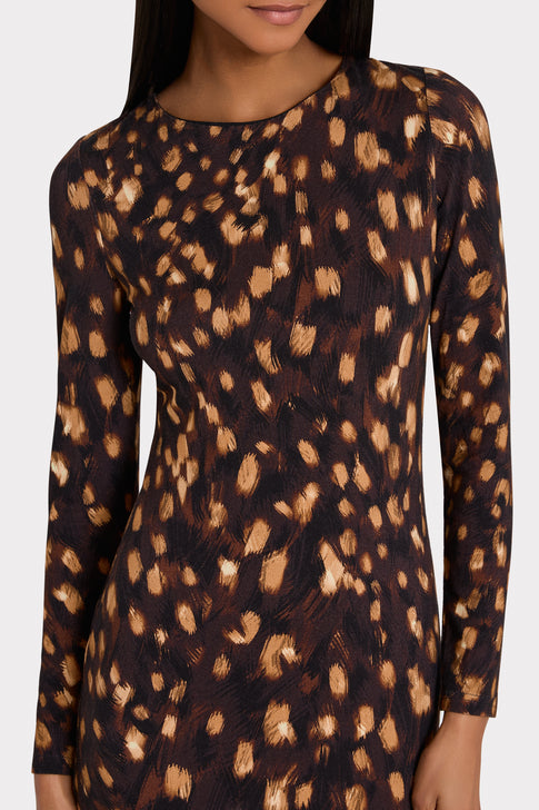 Brown Multi Leopard Knit Dress - Close-Up Bodice & Print Detail On Model | MILLY