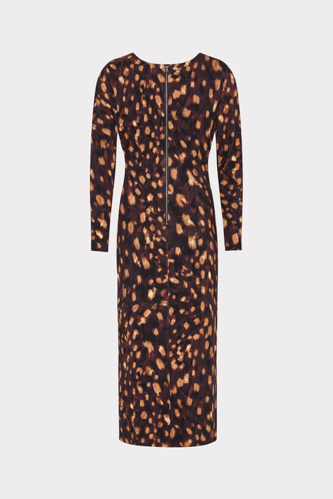 Brown Multi Abbygail Leopard Midi Dress - Back View Zip Closure Detail | MILLY
