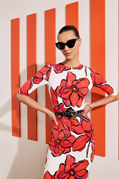 Windflower Jersey Midi Dress in Coral Multi | MILLY Windflower Jersey Midi Dress in Coral Multi | MILLY