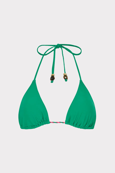 Green Triangle Bikini Top with Rope Ties and Bead Details - Front View | MILLY
