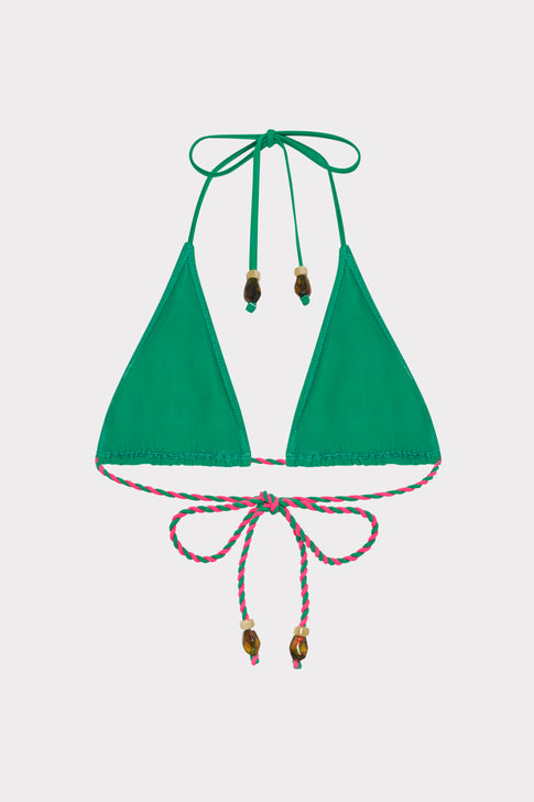 Green Triangle Bikini Top with Elegant Rope Details - Flat Lay | MILLY