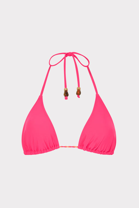 Hot Pink Triangle Bikini Top with Rope Details - Flat Lay | MILLY