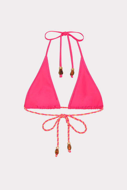 Pink triangle bikini top with elegant rope details - Flat Lay | MILLY