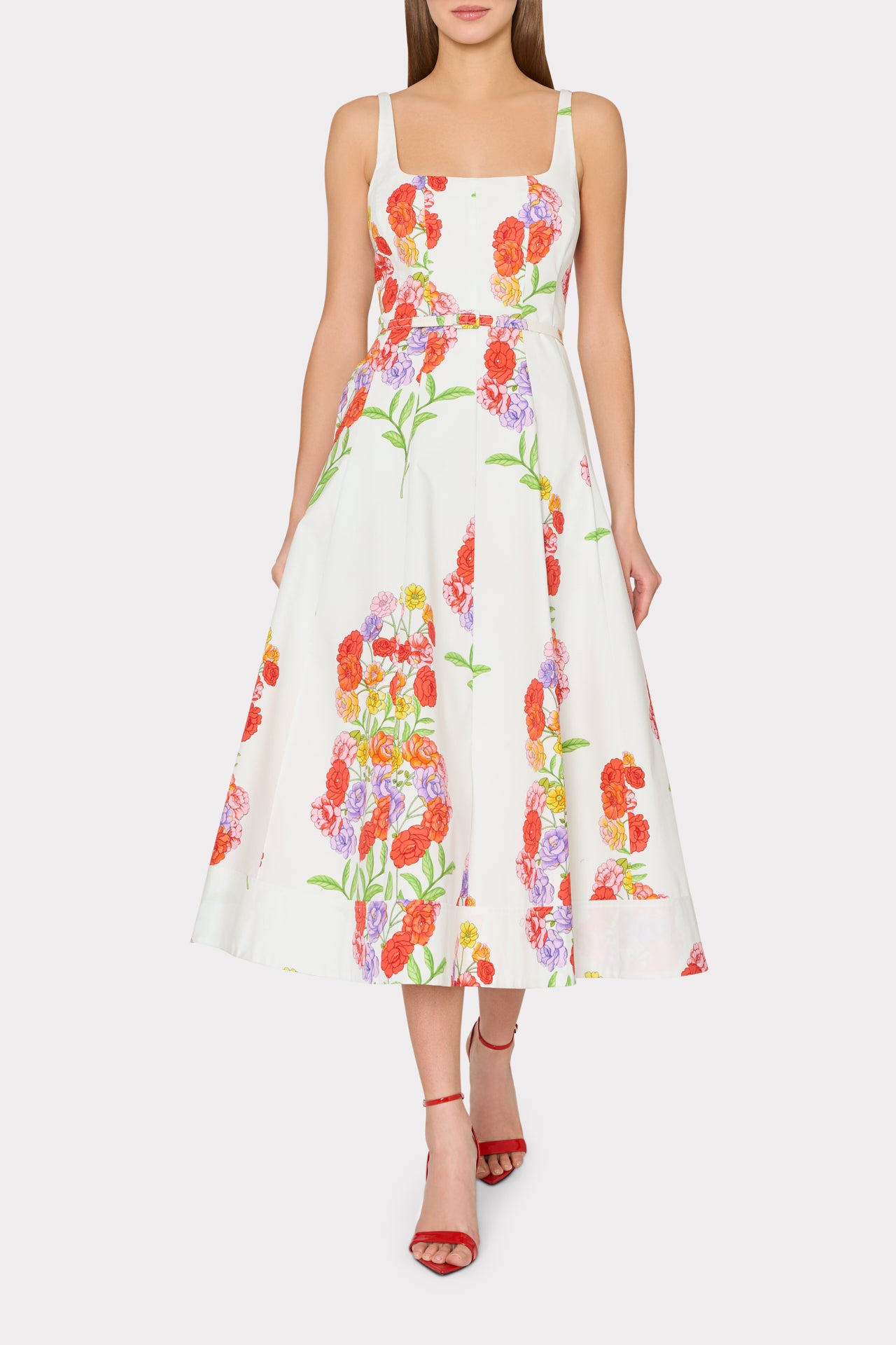 Nia Printed Midi Dress in White Multi | MILLY