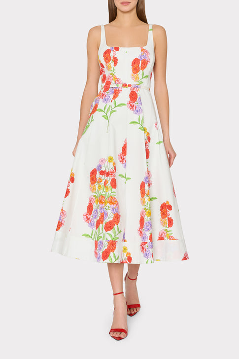 Woman wearing White Multi Floral Nia Printed Midi Dress with Square Neckline - Front View | MILLY