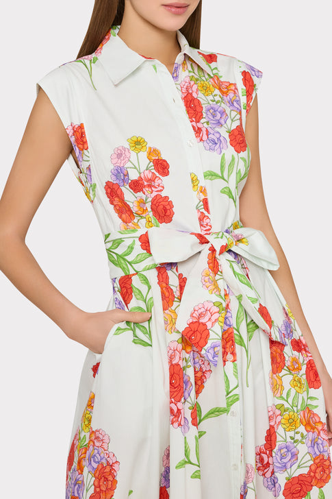 Model wearing Jules Printed Floral Dress with Tie Detail - Close-Up Front | MILLY