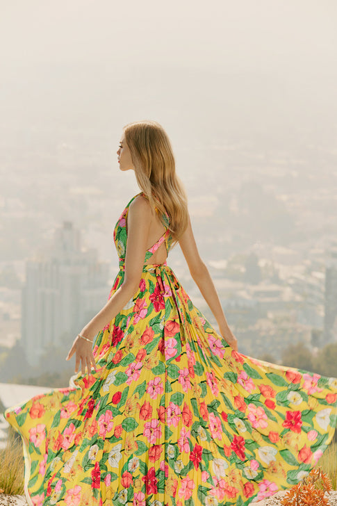 Oria Tulip Rosette Pleated Dress Yellow Multi Image 6 of 6