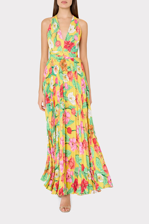 Oria Tulip Rosette Pleated Dress in Yellow Multi | MILLY