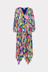 Liora Tulip Rosette Pleated Dress in Royal Blue Multi | MILLY