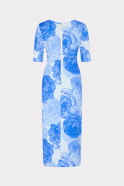 Blue Multi Floral Printed Dress - Back View with Zipper Detail | MILLY