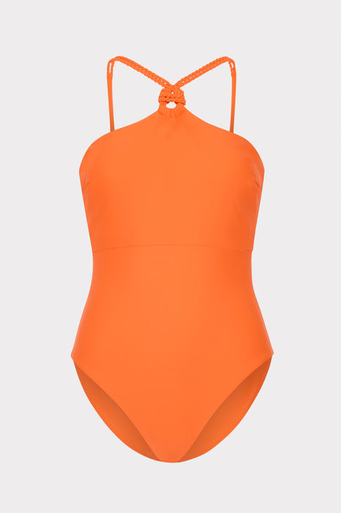 Orange Designer Rope One-Piece with Braided Halter Detail - Flat Lay | MILLY