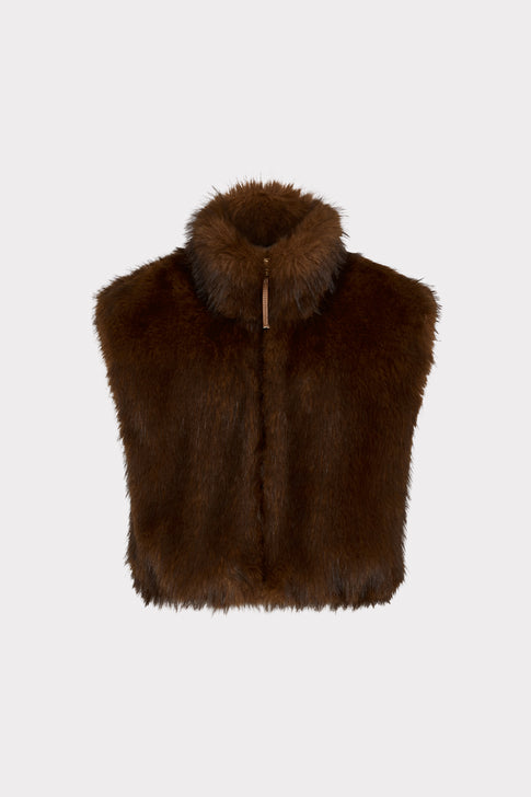 Brown Luxury Faux Fur Vest - Front Flat View, Gold Zip Detail | MILLY