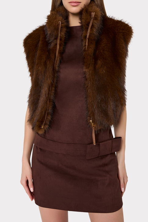 Brown Elegant Faux Fur Vest On Model, Cropped Front View with Dual Gold Zipper Detail | MILLY
