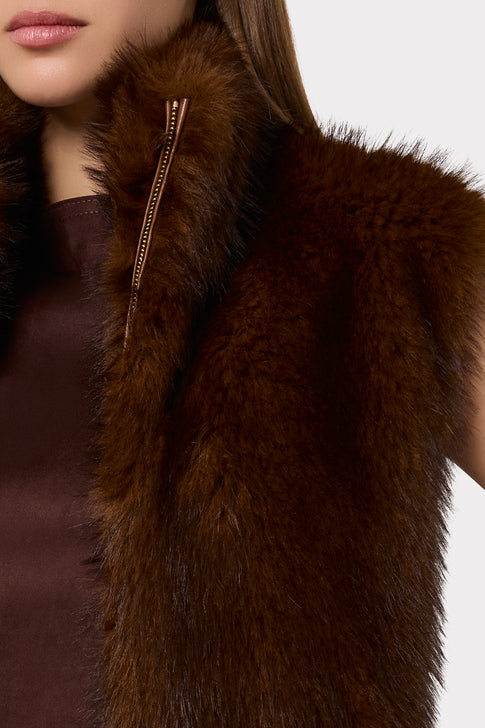 Brown Faux Fur Vest - Close-Up Gold Zip & Fluffy Collar Texture Detail | MILLY