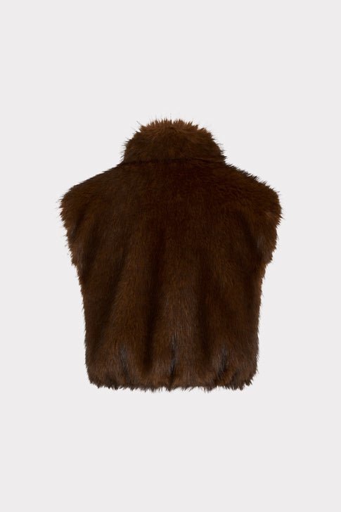 Brown Luxury Faux Fur Vest - Back Flat View, Cropped Silhouette | MILLY