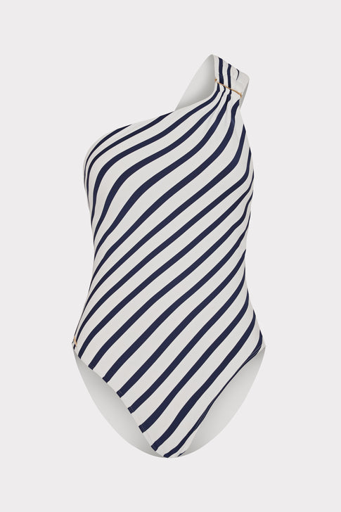 Nautical Stripe One Shoulder One Piece Navy/White Image 1 of 4
